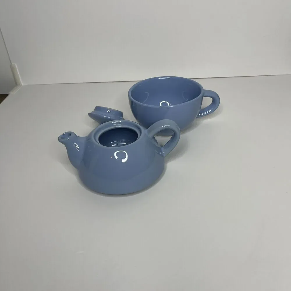 Pier 1 Imports Stoneware Blue Stack-able Teapot & Cup OR‎ Creamer & Sugar